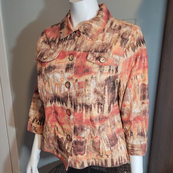 Chico’s Orange Gold Metallic Abstract Blazer Jacket Large Artsy Graphic Shimmer - Picture 3 of 9